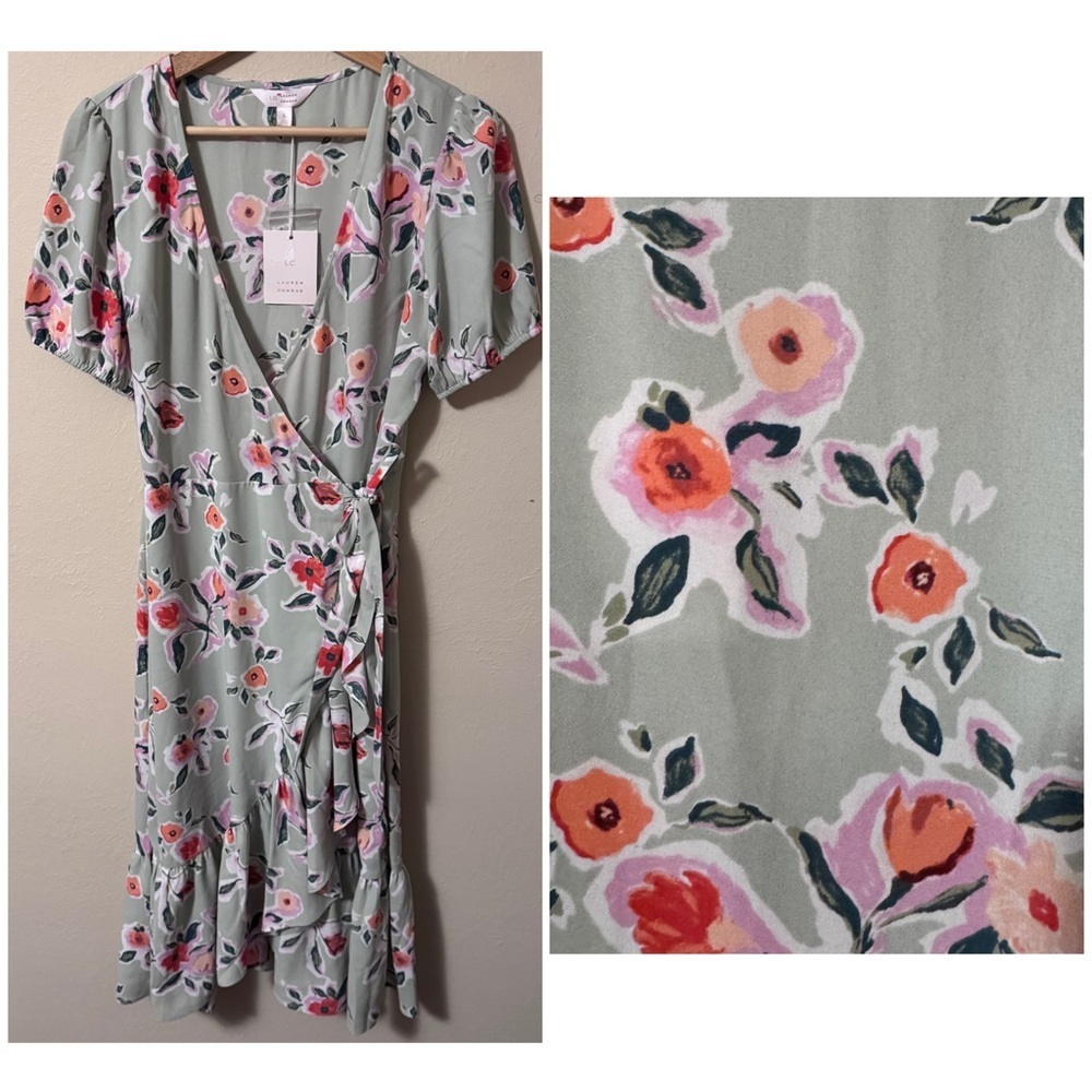 NWT Lauren Conrad mint green with floral pattern wrap dress Size Small